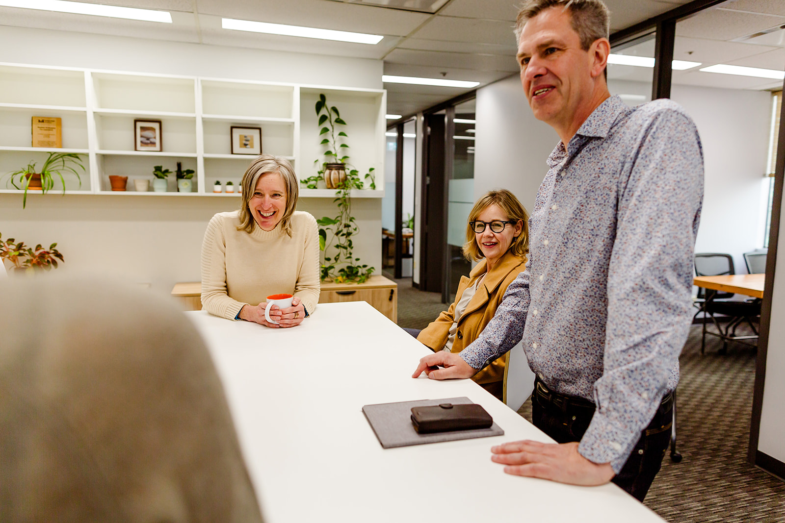 Team discussion in a bright, plant-filled office